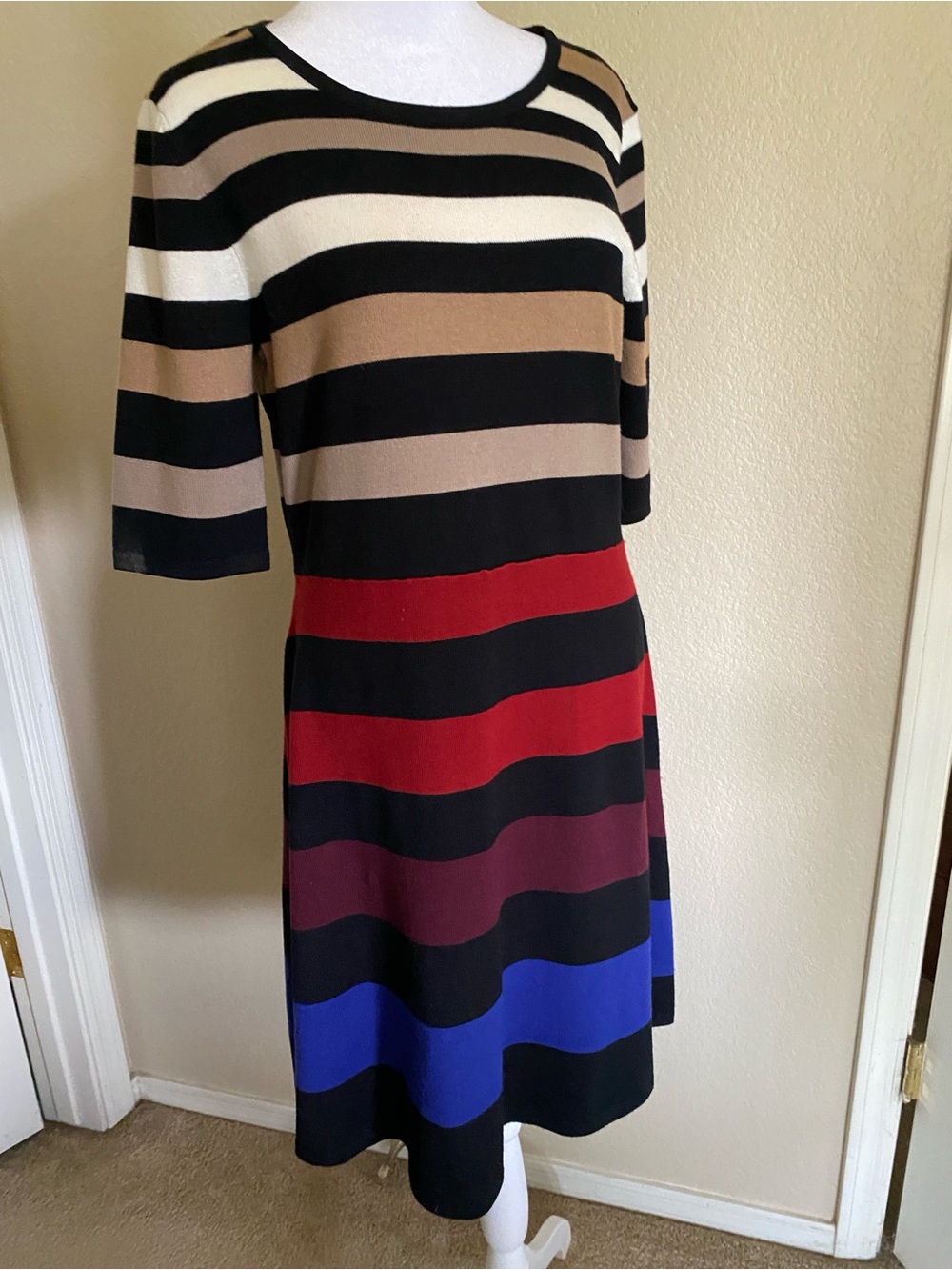 Knit striped dress 1/4 sleeve soft cozy preppy artsy A line